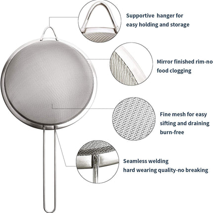Supercenter Fine Mesh Strainer, Stainless Steel Fine Mesh Sieve, Set of 3 Small Strainers Fine Mesh for Kitchen, Silver Colander Sieve Sifter with Long Handle, 3.4", 5.8", 7.8".