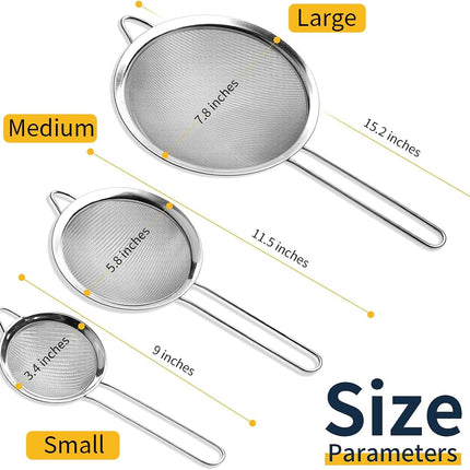 Supercenter Fine Mesh Strainer, Stainless Steel Fine Mesh Sieve, Set of 3 Small Strainers Fine Mesh for Kitchen, Silver Colander Sieve Sifter with Long Handle, 3.4", 5.8", 7.8".