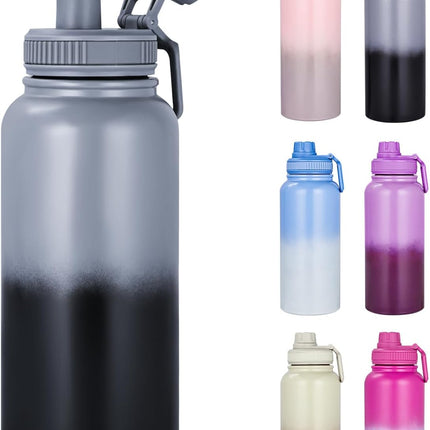 Water Bottle 32 oz Insulated Water Bottle - Large Capacity 32oz Stainless Steel Cup with Gradual Color, Leakproof, Carry Handle, 12H Hot/24H Cold (Black&Grey).