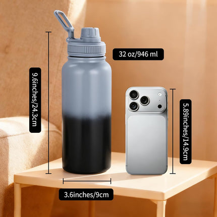 Water Bottle 32 oz Insulated Water Bottle - Large Capacity 32oz Stainless Steel Cup with Gradual Color, Leakproof, Carry Handle, 12H Hot/24H Cold (Black&Grey).