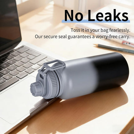 Water Bottle 32 oz Insulated Water Bottle - Large Capacity 32oz Stainless Steel Cup with Gradual Color, Leakproof, Carry Handle, 12H Hot/24H Cold (Black&Grey).