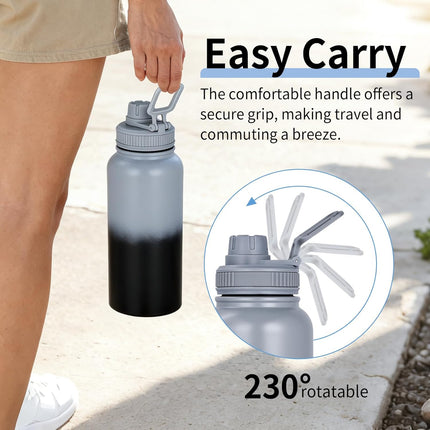 Water Bottle 32 oz Insulated Water Bottle - Large Capacity 32oz Stainless Steel Cup with Gradual Color, Leakproof, Carry Handle, 12H Hot/24H Cold (Black&Grey).