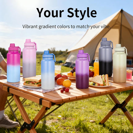 Water Bottle 32 oz Insulated Water Bottle - Large Capacity 32oz Stainless Steel Cup with Gradual Color, Leakproof, Carry Handle, 12H Hot/24H Cold (Black&Grey).