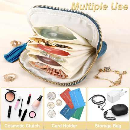 Small Travel Jewelry Case, Portable Soft Jewelry Bags, Organizer Pouch with 6 Compartments Pocket, Anti-Scratch Storage Holder for Bangle Bracelets Earrings Necklace, Women Gifts, Ocean Blue.