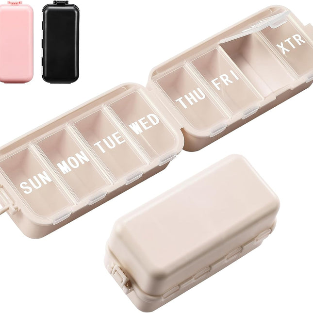 NEW Foldable Weekly Pill Organizer with Extra Grid, Portable 7 Day Pill Box Once / 1 Time a Day, Week Daily Medicine Organizer - Large Travel Pill Case Holder Dispenser for Vitamin, Supplement-Khaki.