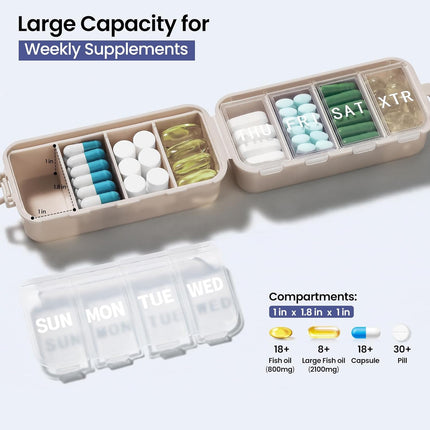NEW Foldable Weekly Pill Organizer with Extra Grid, Portable 7 Day Pill Box Once / 1 Time a Day, Week Daily Medicine Organizer - Large Travel Pill Case Holder Dispenser for Vitamin, Supplement-Khaki.