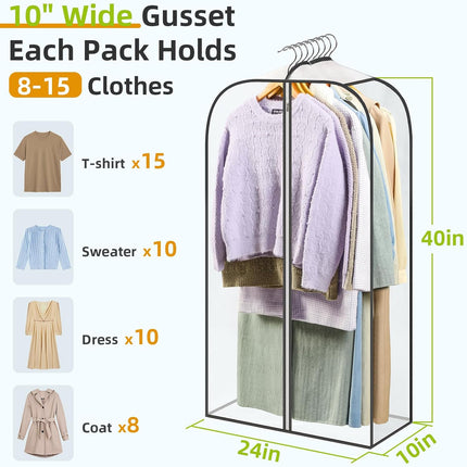 LANDNEOO 2 Pack Clear Garment Bags for Hanging Clothes with Zippers on Double Sides - 10'' Clothes Storage for Coat, Dress, and Fur in Closet - 40'' Long Suit Bags.
