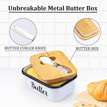 LANDNEOO Butter Dish with Lid and Butter Curler Knife - Unbreakable Stainless Steel Keeper Container with Double Silicone Sealing, for Kitchen Farmhouse Decor.