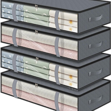 LANDNEOO 4 Pack 90L Under Bed Storage Containers - Underbed Storage for Clothes, Blankets - Closet Organizers and Storage Bags - Under the Bed Storage Bins with Handles & Clear Front.