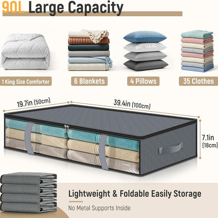 LANDNEOO 4 Pack 90L Under Bed Storage Containers - Underbed Storage for Clothes, Blankets - Closet Organizers and Storage Bags - Under the Bed Storage Bins with Handles & Clear Front.