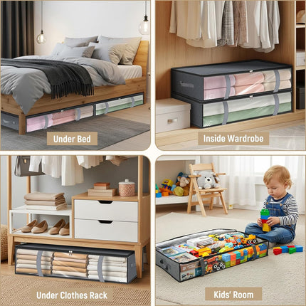 LANDNEOO 4 Pack 90L Under Bed Storage Containers - Underbed Storage for Clothes, Blankets - Closet Organizers and Storage Bags - Under the Bed Storage Bins with Handles & Clear Front.