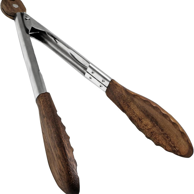 Biaungdo Wooden Tongs for Cooking, 9 Inch Walnut Wooden kitchen Tongs, Stainless Steel Salad Tong with Wood Tip for Serving Food, Grilling, Cooking Utensils Set (Pull Lock).