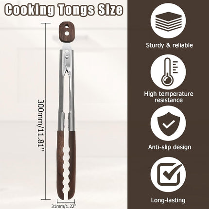 Biaungdo Wooden Tongs for Cooking, 9 Inch Walnut Wooden kitchen Tongs, Stainless Steel Salad Tong with Wood Tip for Serving Food, Grilling, Cooking Utensils Set (Pull Lock).