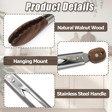 Biaungdo Wooden Tongs for Cooking, 9 Inch Walnut Wooden kitchen Tongs, Stainless Steel Salad Tong with Wood Tip for Serving Food, Grilling, Cooking Utensils Set (Pull Lock).