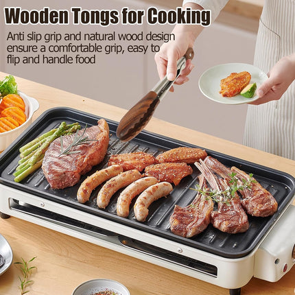 Biaungdo Wooden Tongs for Cooking, 9 Inch Walnut Wooden kitchen Tongs, Stainless Steel Salad Tong with Wood Tip for Serving Food, Grilling, Cooking Utensils Set (Pull Lock).