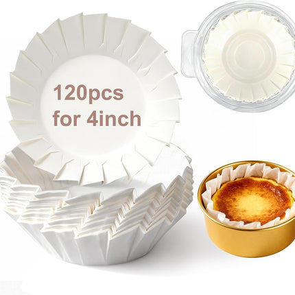YQL 120PCS 4 Inch Disposable Basque Cake Paper Liners, Non-Stick Parchment Wrappers for Cheesecake, Muffin, Cupcake, Baking Paper Cups for Oven, Air Fryer, Microwave, White.