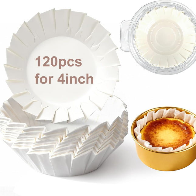 YQL 120PCS 4 Inch Disposable Basque Cake Paper Liners, Non-Stick Parchment Wrappers for Cheesecake, Muffin, Cupcake, Baking Paper Cups for Oven, Air Fryer, Microwave, White.