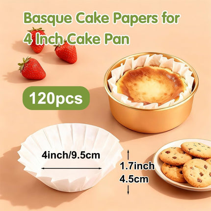 YQL 120PCS 4 Inch Disposable Basque Cake Paper Liners, Non-Stick Parchment Wrappers for Cheesecake, Muffin, Cupcake, Baking Paper Cups for Oven, Air Fryer, Microwave, White.