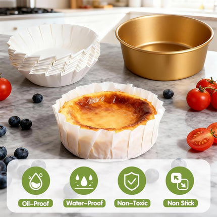 YQL 120PCS 4 Inch Disposable Basque Cake Paper Liners, Non-Stick Parchment Wrappers for Cheesecake, Muffin, Cupcake, Baking Paper Cups for Oven, Air Fryer, Microwave, White.