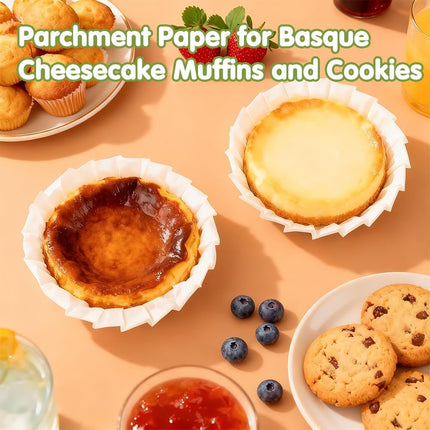 YQL 120PCS 4 Inch Disposable Basque Cake Paper Liners, Non-Stick Parchment Wrappers for Cheesecake, Muffin, Cupcake, Baking Paper Cups for Oven, Air Fryer, Microwave, White.