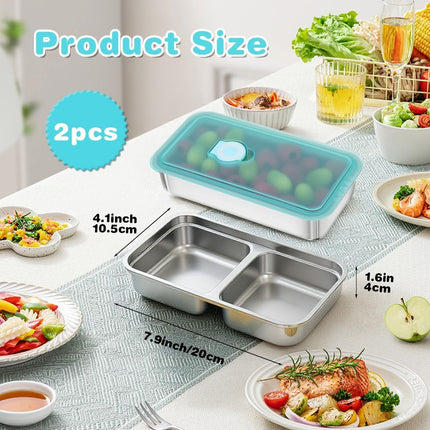 YQL 2 Pack Stainless Steel Food Containers with Lids, Double & Single Compartment Snack Boxes for Kids, Leakproof Reusable Bento Box for Lunch Prep, Travel, School, Camping.
