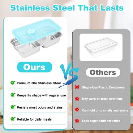 YQL 2 Pack Stainless Steel Food Containers with Lids, Double & Single Compartment Snack Boxes for Kids, Leakproof Reusable Bento Box for Lunch Prep, Travel, School, Camping.