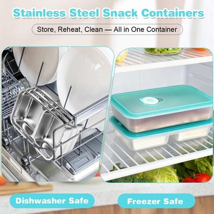 YQL 2 Pack Stainless Steel Food Containers with Lids, Double & Single Compartment Snack Boxes for Kids, Leakproof Reusable Bento Box for Lunch Prep, Travel, School, Camping.