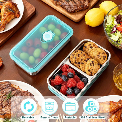 YQL 2 Pack Stainless Steel Food Containers with Lids, Double & Single Compartment Snack Boxes for Kids, Leakproof Reusable Bento Box for Lunch Prep, Travel, School, Camping.