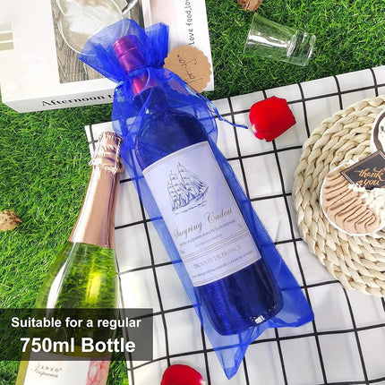 20Pcs Organza Wine Gift Bags with Drawstrings, Mesh Wine Bottle Covers for Wedding, Birthday, Shower Party Favor, Housewarming (Royal Blue).