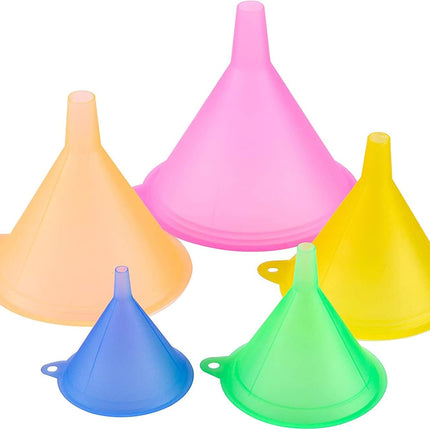 iSnuff Kitchen Funnel Set with 5 Sizes, Small to Large Plastic Cooking Funnel with Narrow Spout for Filling Bottles, Jars, Bowls, Spices, Powder Funnels, Essential Oils.