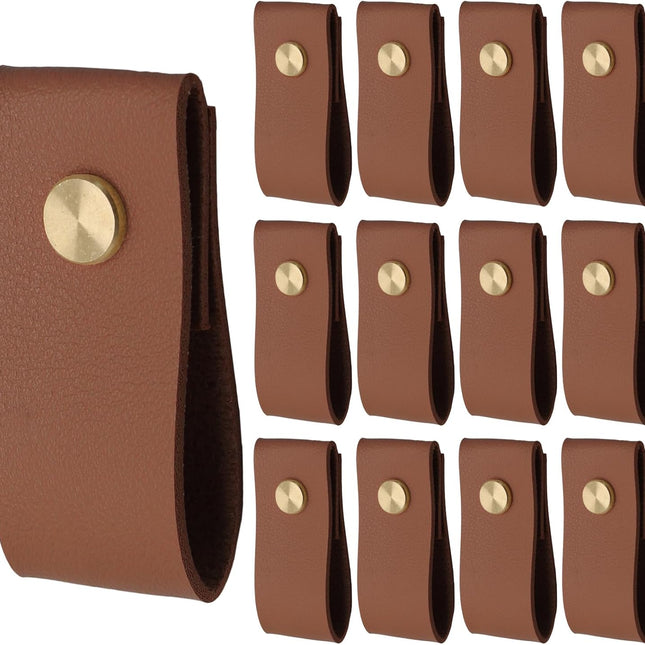 Biaungdo 12 Pack Leather Drawer Pulls, Brown Single Hole Leather Dresser Knobs Leather Pulls Cabinet Door Handle for Kitchen, Cabinet, Drawers, Closet, Dresser, Cupboard.