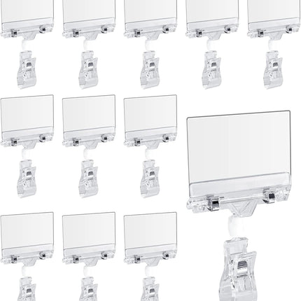 Biaungdo 12 Pcs Rotating Clip Swivel Sign Holder, Clear Rotatable Sign Holder with Double Clip Design, PVC Card Protector for Shelves, Store, Business, Exhibition.