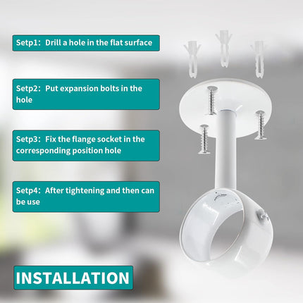 Biaungdo 2 Pcs 1-1/4 Inch Curtain Rod Ceiling-Mount Bracket,Stainless Steel Flange Rod Holder Shower Curtain Closet Rod Holder Ceiling Curtain Rod Brackets with Anchor Screw Kit,White,Locking Design.