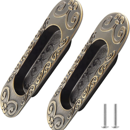 Biaungdo 2 Pcs Recessed Flush Handles Stainless Steel Finger Oval Pulls Sliding Door Plate Cabinet Drawer Pulls Handles Antique Bronze 147mm/5.78".