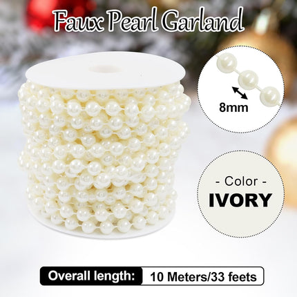 Biaungdo 8mm Millet Beads Faux Pearl Roll Strand, 10 Meters / 33 Feets Ivory Crafts String Faux Pearl Garland for Wedding Centerpieces, Christmas Tree, Party & Floral Decorations DIY.