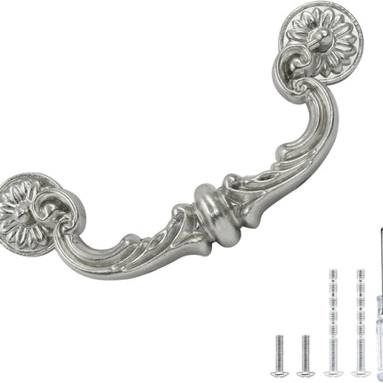 Biaungdo 4 Pcs 150 mm / 6 Inch Hole Center Pull Handles, Zinc Alloy Rustic Vintage Style Drop-Down Bail Swing Dresser Pull Handle Antique Drawer Handles for Kitchen, Cabinet (Silver).