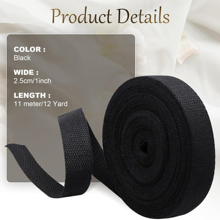 Biaungdo 1 Inch 12 Yards Cotton Webbing Straps, Black Polyester Weave Webbing for Bags Handles, Tote Bag, Purse Straps, Cloth Belt, Sewing DIY Crafts Bags Making.