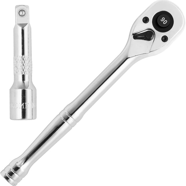 Biaungdo 1/4 Inch Drive Ratchet with 2 Inch Extension Bar, 90-Tooth Reversible Quick-release Ratchet Wrench, Chrome Alloy Socket Wrench Set.