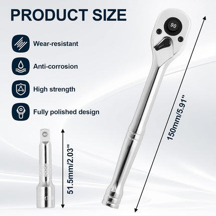 Biaungdo 1/4 Inch Drive Ratchet with 2 Inch Extension Bar, 90-Tooth Reversible Quick-release Ratchet Wrench, Chrome Alloy Socket Wrench Set.