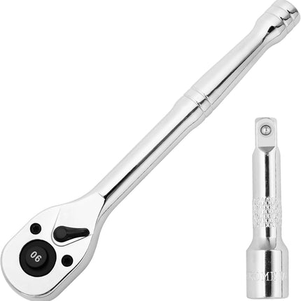 Biaungdo 1/4 Inch Drive Ratchet with 2 Inch Extension Bar, 90-Tooth Reversible Quick-release Ratchet Wrench, Chrome Alloy Socket Wrench Set.