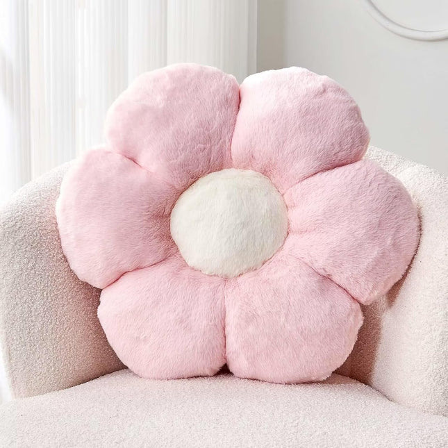 Pink Flower Pillow, Cute Decorative Flower Shaped Throw Pillow with Faux Rabbit Fur, 14.9" Soft Flower Plush Throw Pillow Floor Pillows Room Décor for Bedroom Living Room.
