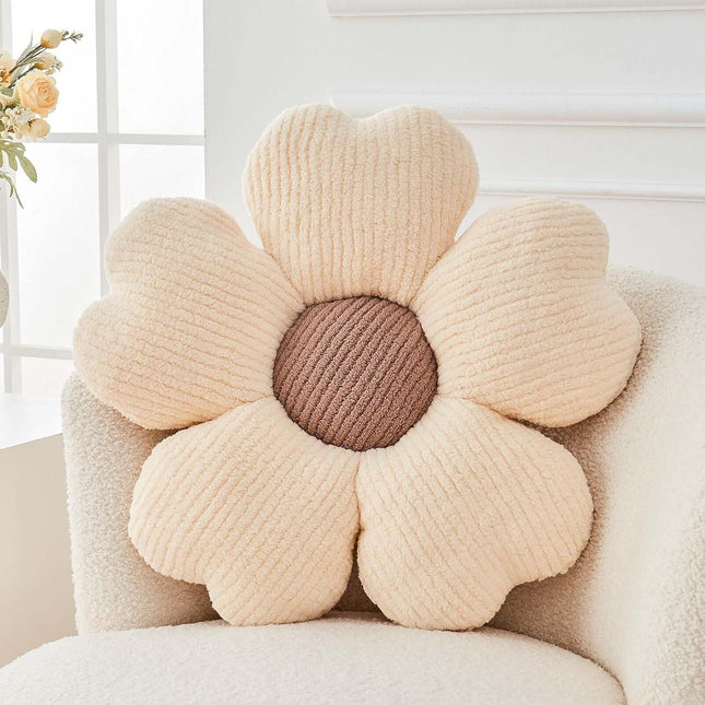Flower Throw Pillow, Cute Flower Shaped Pillow Decorative Throw Pillow for Bed Couch, Soft Daisy Pillows Floor Seating Cushion Cushions (14.9 Inch Ivory+Brown).