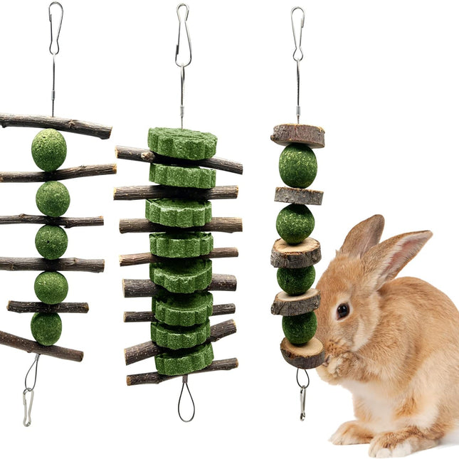 BallHull 3 Pcs Bunny Teeth Grinding Chew Toys, Apple Branch Chewing Sticks with Grass Ball and Grass Cake for Rabbits Bunnies Hamsters Guinea Pigs.