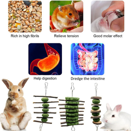 BallHull 3 Pcs Bunny Teeth Grinding Chew Toys, Apple Branch Chewing Sticks with Grass Ball and Grass Cake for Rabbits Bunnies Hamsters Guinea Pigs.
