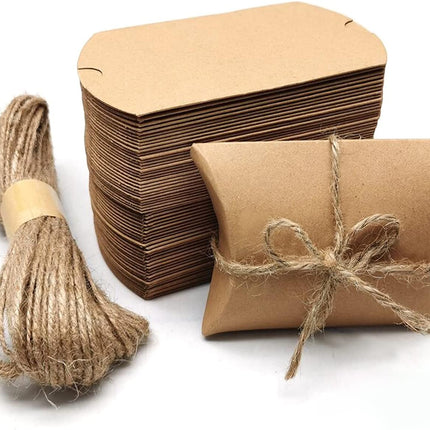 BallHull Kraft Paper Pillow Candy Box, Foldable Gift Box with Jute Rope for Weddings, Parties, Birthdays, Holidays, 60 Pcs.