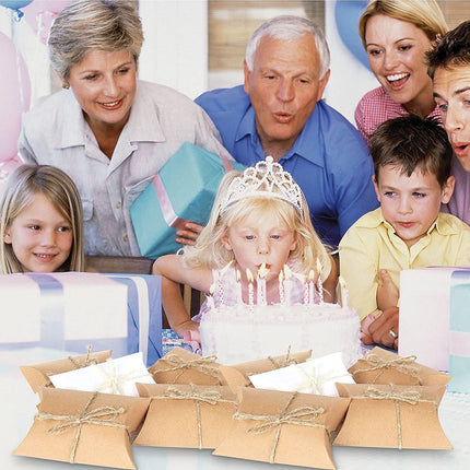 BallHull Kraft Paper Pillow Candy Box, Foldable Gift Box with Jute Rope for Weddings, Parties, Birthdays, Holidays, 60 Pcs.
