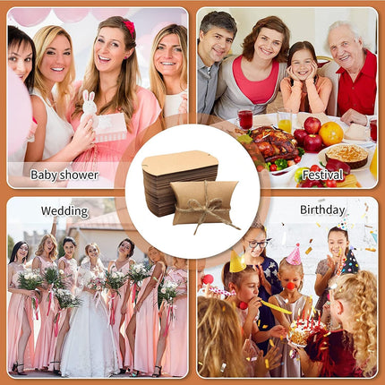 BallHull Kraft Paper Pillow Candy Box, Foldable Gift Box with Jute Rope for Weddings, Parties, Birthdays, Holidays, 60 Pcs.