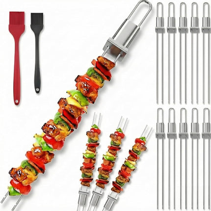 Kabob Skewers for Grilling, 10 Pack 13" Double Pronged with Push Bar, Stainless Steel BBQ Skewers with 2 Brushes, Reusable for Meat, Shrimp, Chicken, Veggie, Perfect for Camping & Family Use..