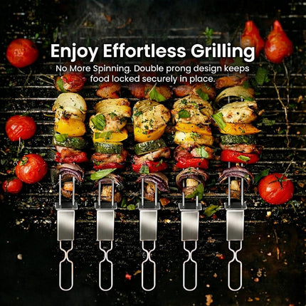 Kabob Skewers for Grilling, 10 Pack 13" Double Pronged with Push Bar, Stainless Steel BBQ Skewers with 2 Brushes, Reusable for Meat, Shrimp, Chicken, Veggie, Perfect for Camping & Family Use..