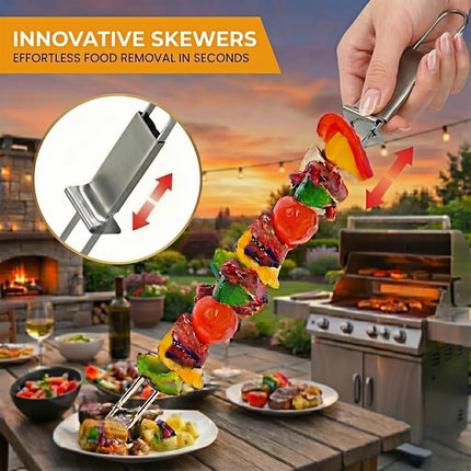Kabob Skewers for Grilling, 10 Pack 13" Double Pronged with Push Bar, Stainless Steel BBQ Skewers with 2 Brushes, Reusable for Meat, Shrimp, Chicken, Veggie, Perfect for Camping & Family Use..